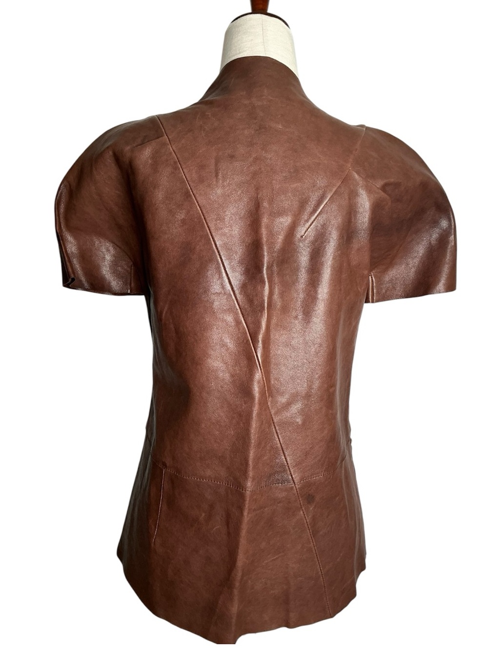 MARNI Brown Lamb Leather Short-Sleeve Jacket Asymmetrical Snap Buttons Size 38 - Picture 3 of 15